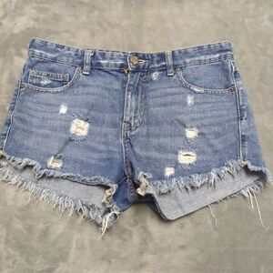 Free People Distressed Fringe Mid Rise Denim Jean‎ Shorts Size 27 x 2 Blue